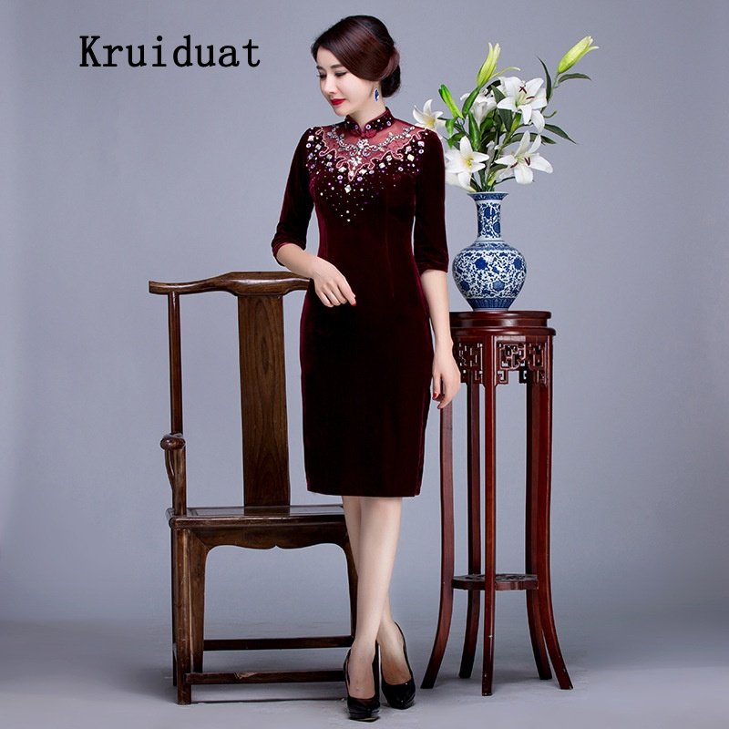 Kruidvat 奈琴尔时尚改良蕾丝旗袍宴会 夏季妈妈装旗袍结婚 婚礼金丝绒旗袍中年女WY