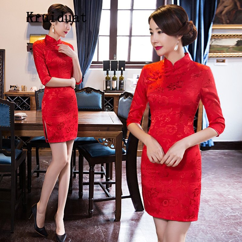 Kruidvat 奈琴尔2016秋款新娘装短款中袖提花棉中国红中式时尚改良结婚旗袍敬酒服Z027