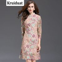 Kruidvat2017春夏新款改良旗袍伴娘礼服中袖立领刺绣中年连衣裙Z028淡粉色