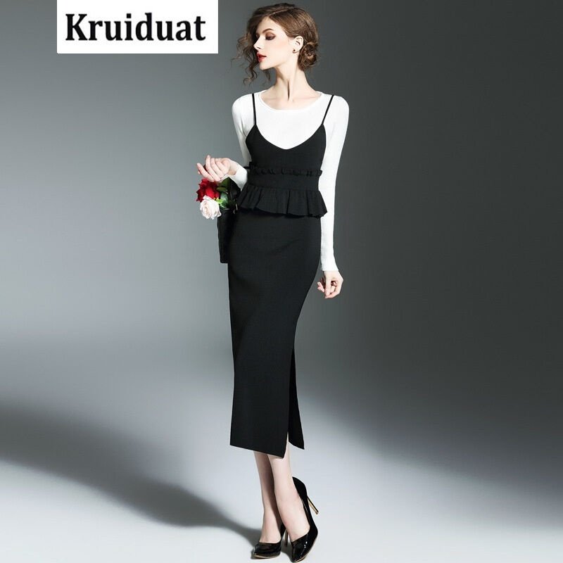 Kruidvat小香风时尚女套装2017春季新款荷叶边拼接收腰针织吊带长裙两件套B076