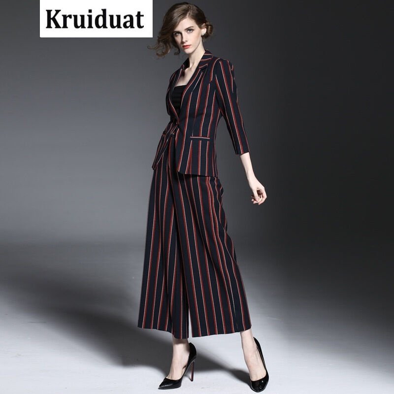 Kruidvat欧洲站套装女2017春季新款优雅条纹西装外套修身阔腿裤B076