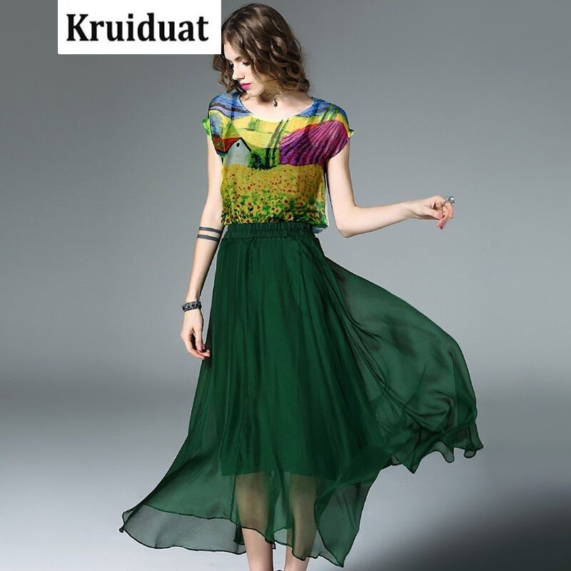 Kruidvat2017春.新款印花桑蚕丝短袖上衣+大摆半身长裙真丝女套装YS
