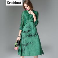 Kruidvat2017春季新款中国风手绘竹子改良款旗袍棉麻中长款连衣裙女021