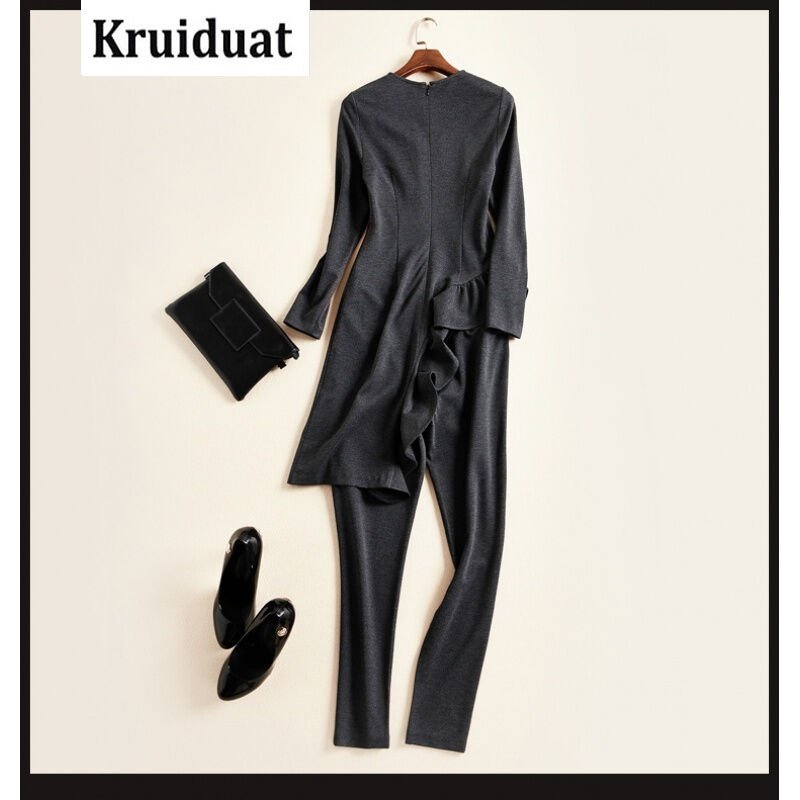 Kruidvat2017春新款欧美修身大气圆领不规则荷叶边上衣套装裤B080麻灰色