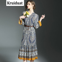 Kruidvat2017欧美新款春季女装气质收腰显瘦印花连衣裙荷叶边拼鱼尾中长裙B076