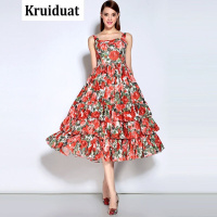 Kruidvat欧洲站2017春新款欧美女士吊带玫瑰印花百褶收腰蓬蓬大摆连衣裙MY01图片
