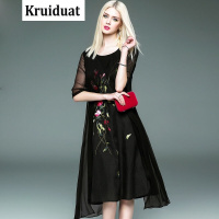 Kruidvat文艺女装2017春夏季新款七分袖绣花真丝连衣裙女宽松中长裙夏HD