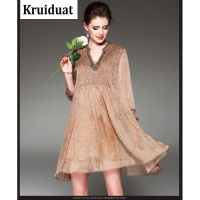 Kruidvat欧洲站2017春装新款女简约时尚钉珠V领七分袖宽松大摆真丝连衣裙B078