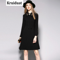 eosciy/Kruidvat欧洲站春季新款2017欧美女装重工镶钻钉珠长袖纯色连衣裙女A