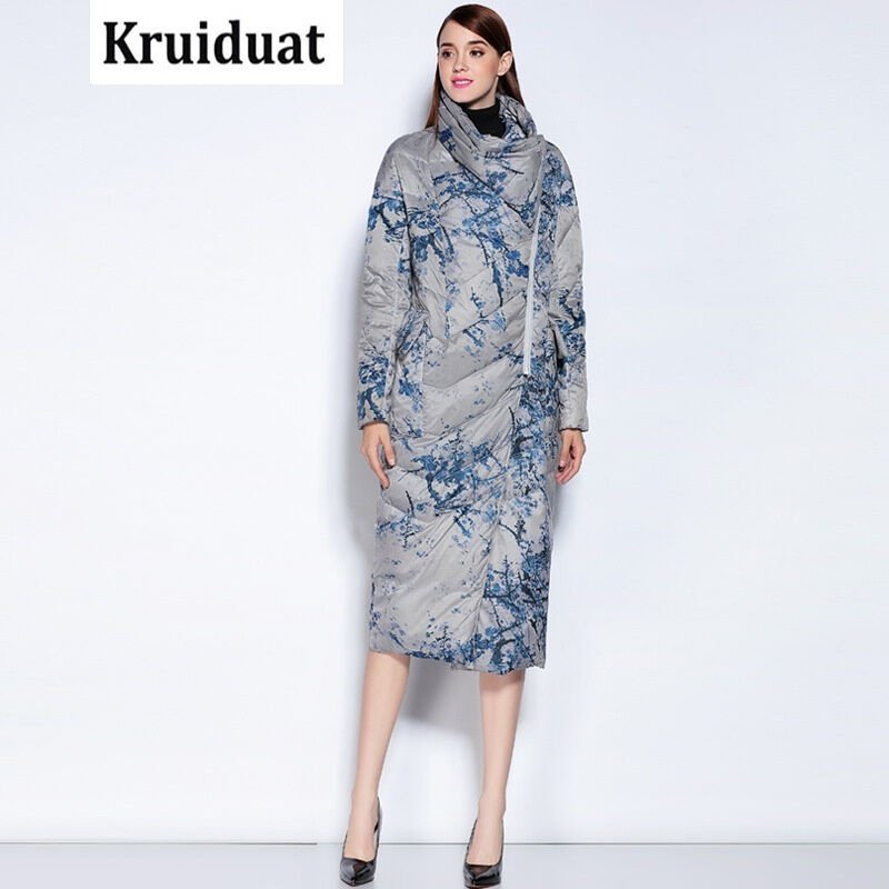 Kruidvat2017春季新款女装加厚长款翻领印花羽绒服外套MY01