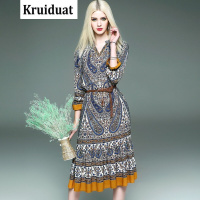 Kruidvat欧洲站2017早春新款女装七分袖连衣裙女宽松印花中长裙送皮带HD