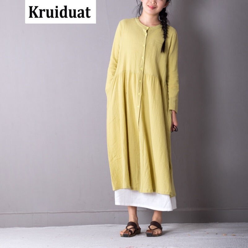 Kruidvat2017春季长袖棉麻连衣裙女森系显瘦亚麻女装长裙B030白色均码