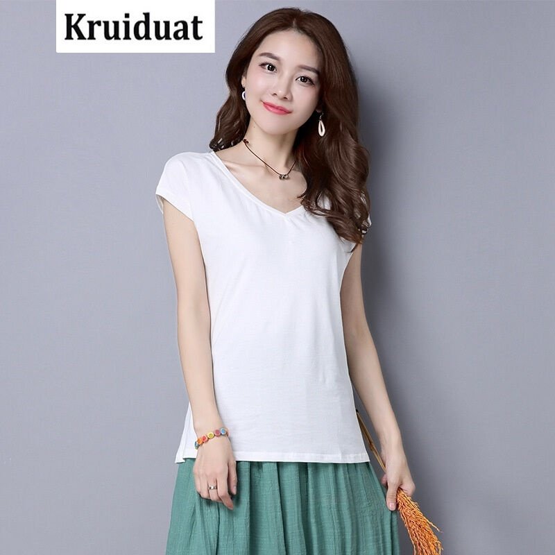 Kruidvat2017装新款文艺印花棉V领显瘦T恤大码女装棉麻上衣B078