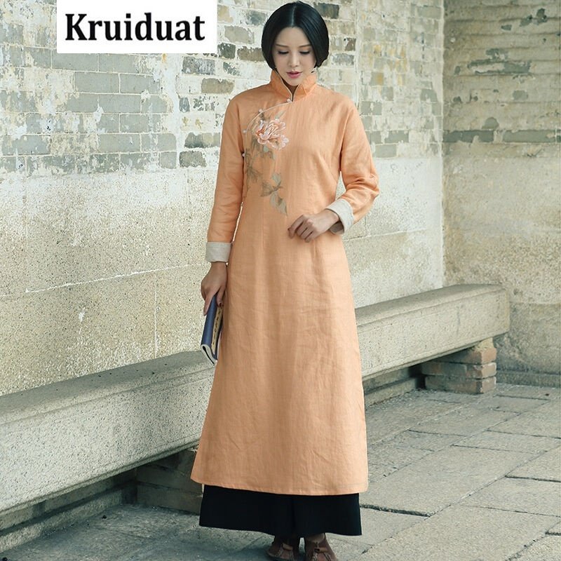 Kruidvat2017春季新款女装牡丹手绘旗袍连衣裙B078桔色