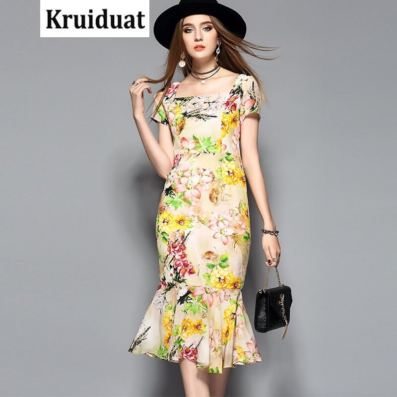Kruidvat欧美印花2017夏季女装新款短袖包臀鱼尾裙AGH黄色