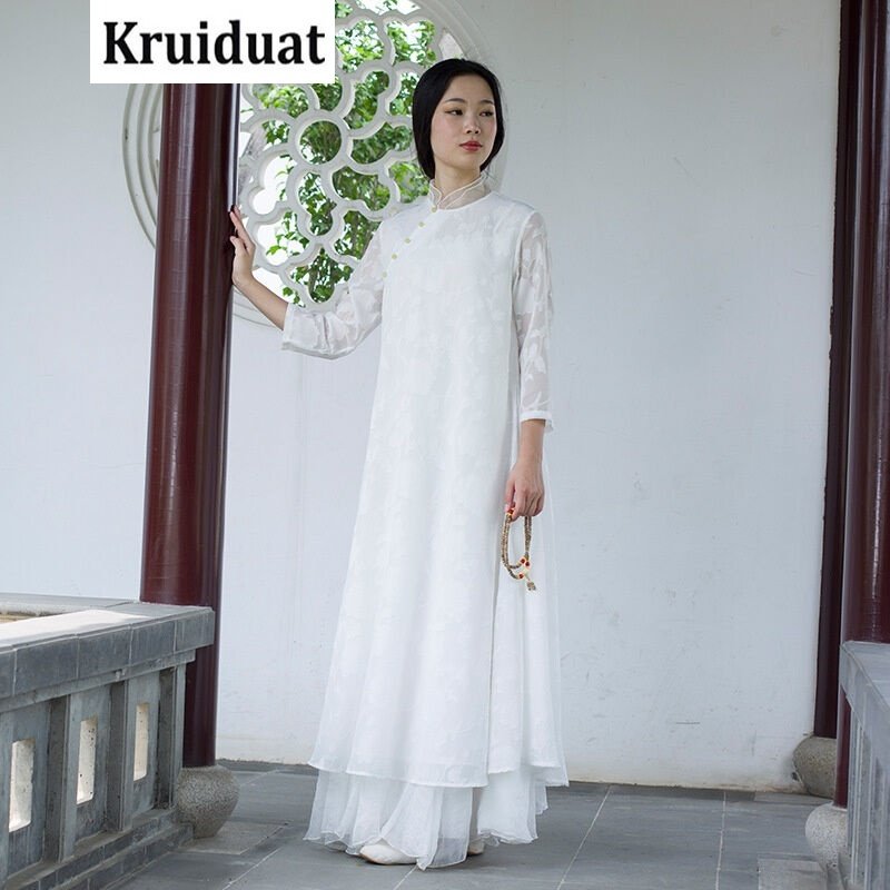 Kruidvat女装提花面料双层中式旗袍修身连衣长裙L034QN白色提花