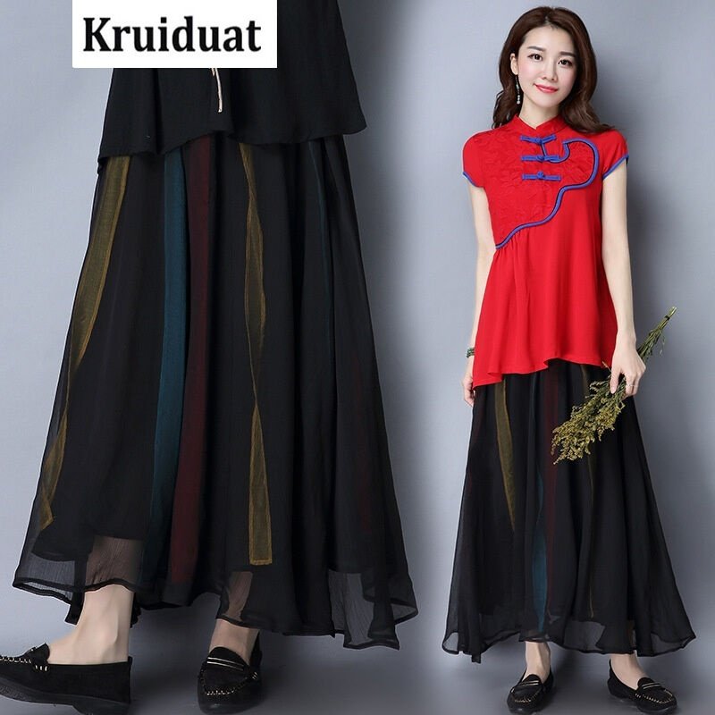 Kruidvat2017春装新款民族风女装雪纺刺绣中长款半身裙B078黑色