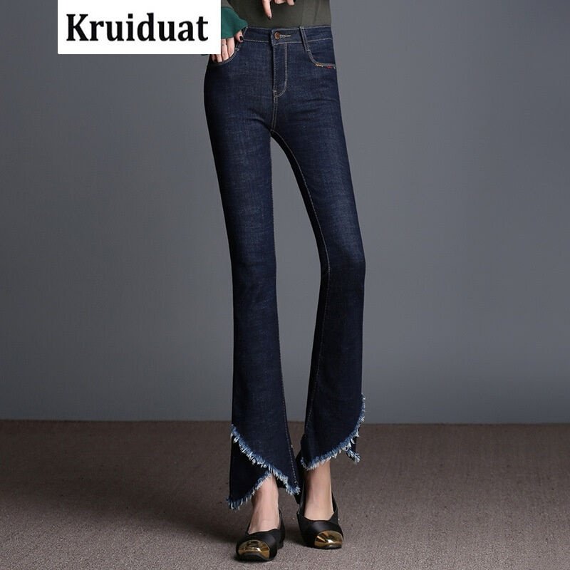 Kruidvat2017春装大码牛仔裤女喇叭裤女裤脚开叉毛边弹力修身微喇裤N0117009