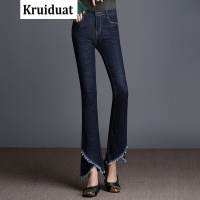 Kruidvat2017春装大码牛仔裤女喇叭裤女裤脚开叉毛边弹力修身微喇裤N0117009