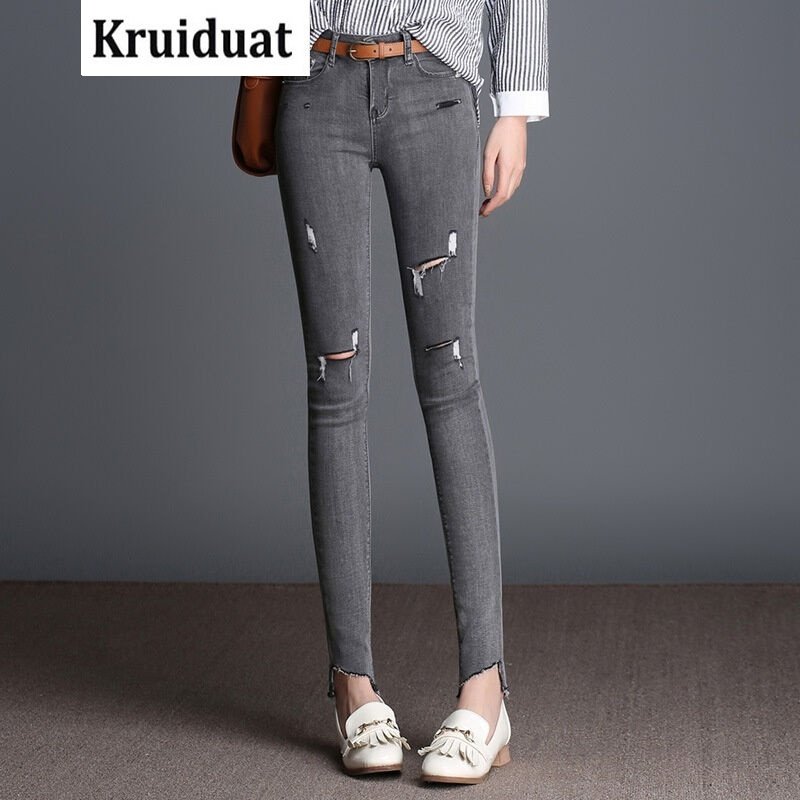 Kruidvat2017春季新款个性破洞牛仔裤女弹力九分裤女春季紧身小脚烟灰色铅笔裤N01