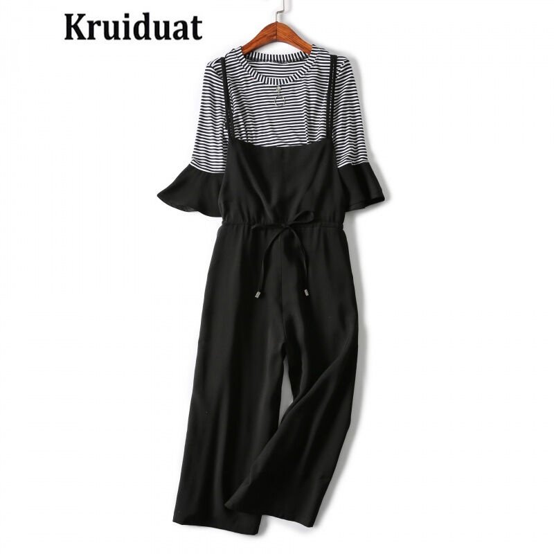 Kruidvat2017春季新款条纹针织衫拼接九分背带裤时尚套装WGW标准