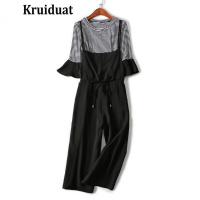 Kruidvat2017春季新款条纹针织衫拼接九分背带裤时尚套装WGW标准