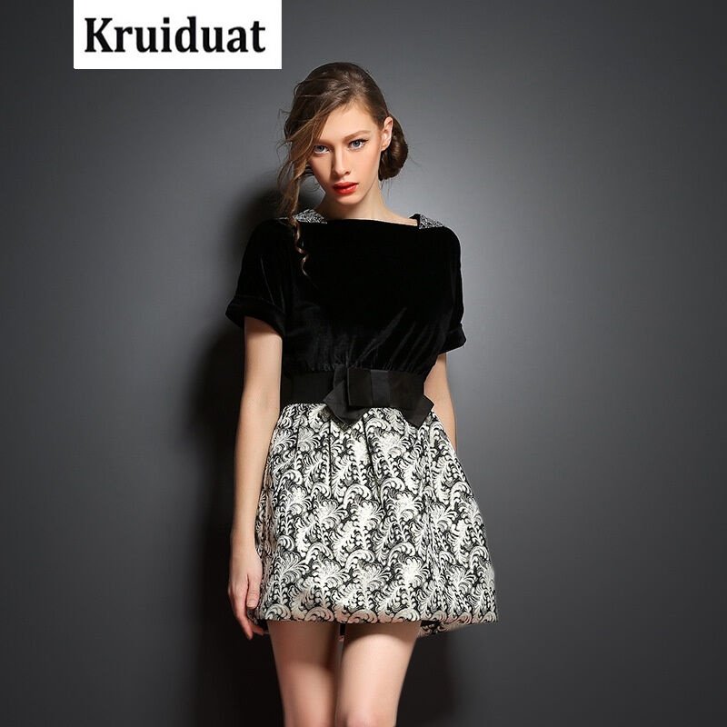 Kruidvat2017春季新款欧美女装时尚短袖金丝绒连衣裙修身显瘦气质拼接短裙YQ黑色