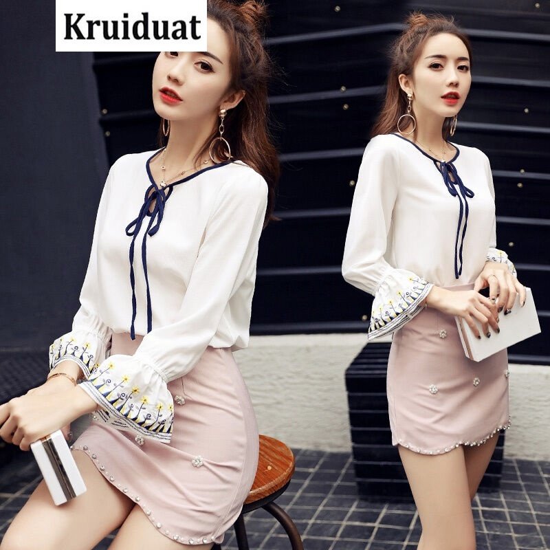 Kruidvat套装2017年春季时尚气质优雅两件套短裙喇叭袖修身V领Hz014图片色