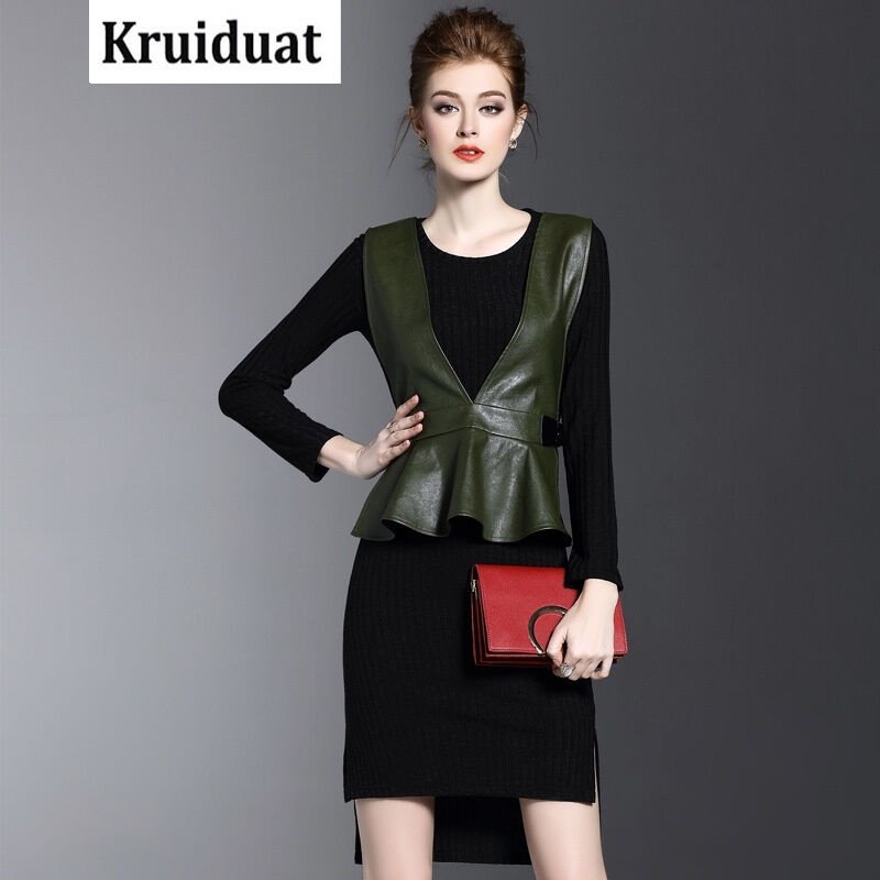 Kruidvat2017春季新款荷叶边背带皮裙针织连衣裙女两件套装LSN
