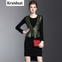 Kruidvat2017春季新款荷叶边背带皮裙针织连衣裙女两件套装LSN