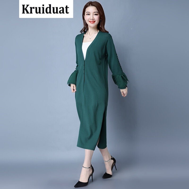 Kruidvat2017春薄款长衫女宽松韩版长款大码针织开衫拼接雪纺喇叭袖Z010黑色均码