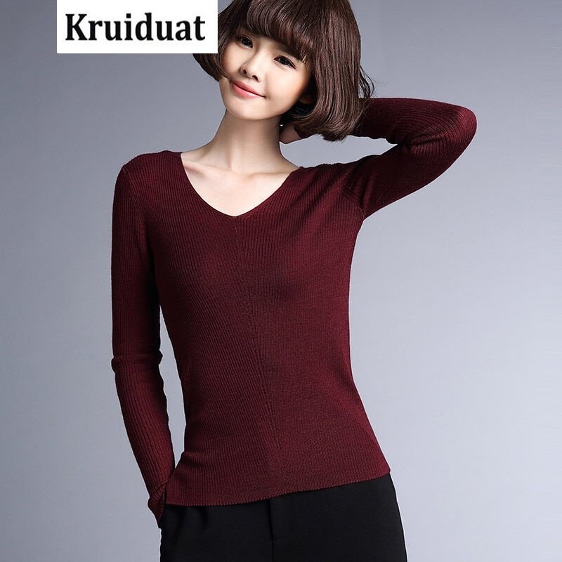 Kruidvat2017春季新款V领修身毛衣女套头保暖打底衫羊毛衫B074黑色均码
