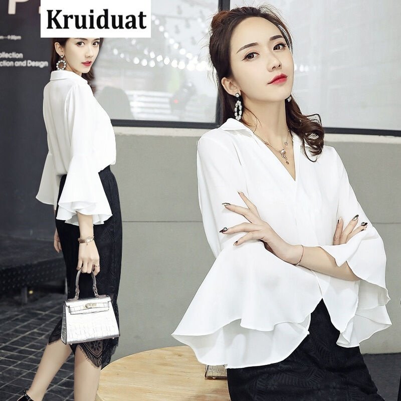Kruidvat蕾丝衫2017年春季V领喇叭袖时尚气质显廋修身优雅Hz014白色均码