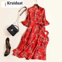 Kruidvat2017春季新款女装时尚印花五分袖性感V领修身裙OYCP