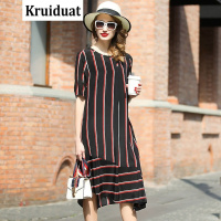 Kruidvat2017春夏季女装新款圆领短袖黑色条纹桑蚕丝连衣裙LJYFS黑色