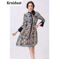 Kruidvat2017春新款九分袖宽松印花圆领桑蚕丝真丝连衣裙LLFS图片色