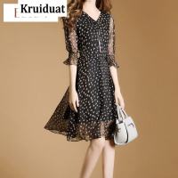 Kruidvat2017春夏女装新款时尚修身显瘦荷叶袖中袖V领印花连衣裙女WN黑色