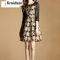 Kruidvat2017夏季新款女装时尚修身显瘦蕾丝中袖A字裙WN深杏色