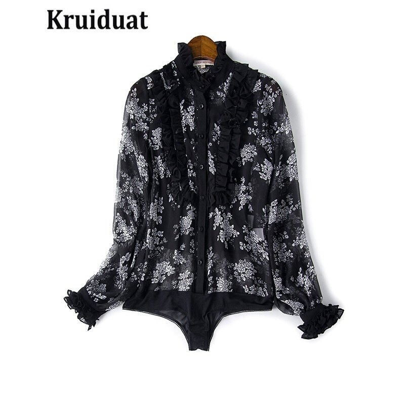 KruidvatU型木耳边印花女装连体衬衣YS黑色