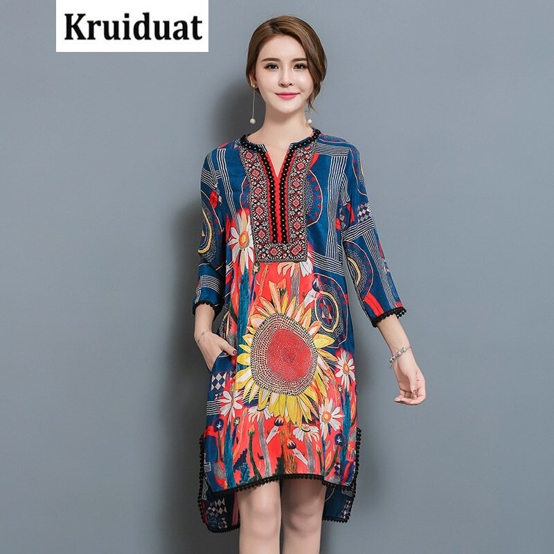 Kruidvat2017春夏新款中袖印花复古优雅连衣裙女中长款不规则B076蓝色