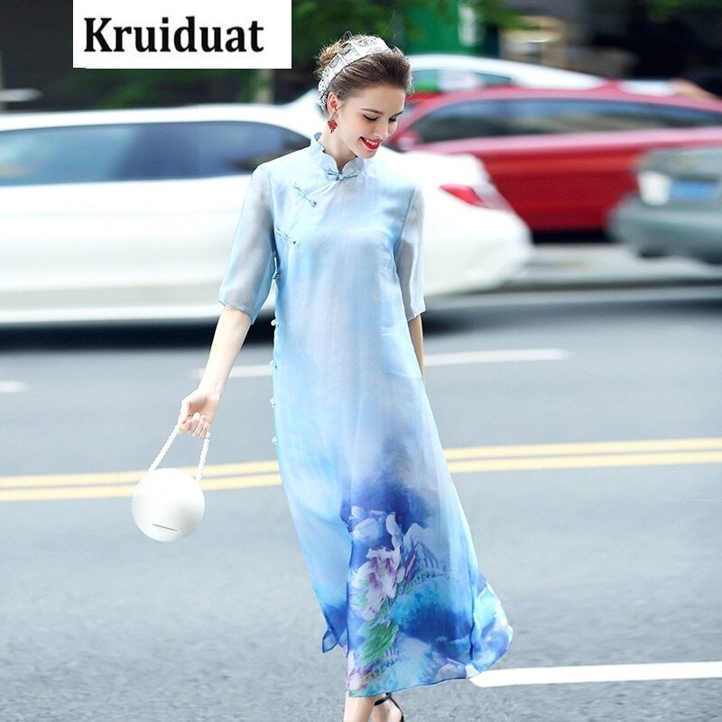 Kruidvat2017夏季新款女装重磅欧根缎手工盘扣立领印花连衣裙B021蓝色