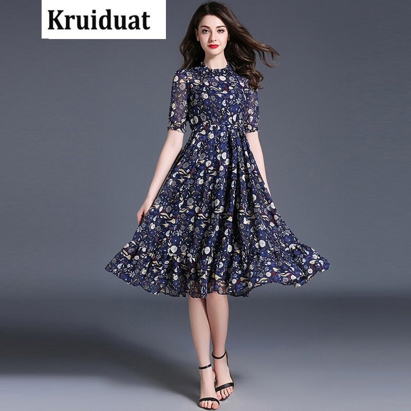 Kruidvat女装夏季新款花边松紧立领泡泡短袖复古印花雪纺中长款连衣裙YLMK蓝色