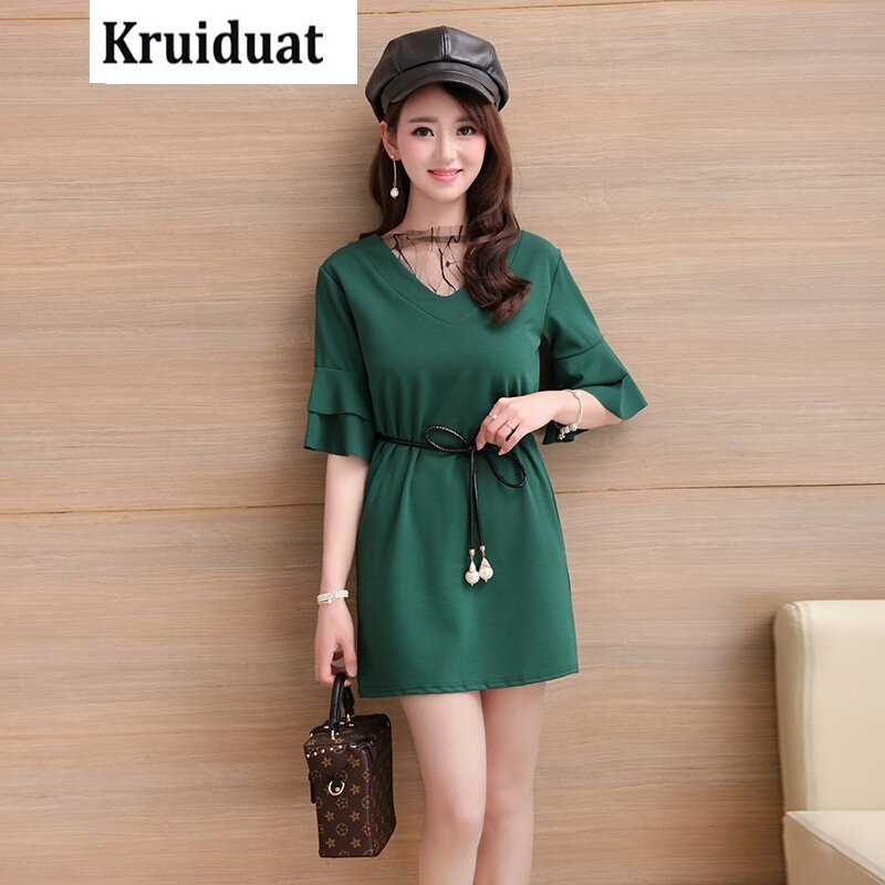 Kruidvat2017夏新款气质型雪纺中长款大码A字蓬蓬袖修身显瘦