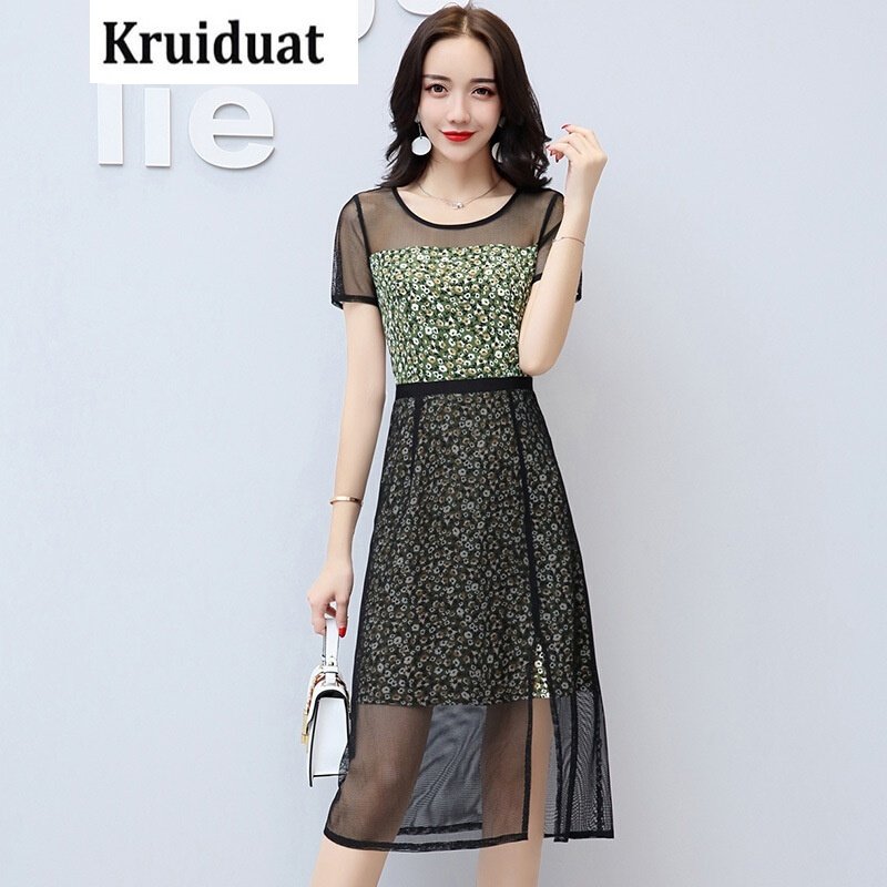 Kruidvat夏2017新款雪纺圆领纱网修身印花裙气质韩版中长女装薄款