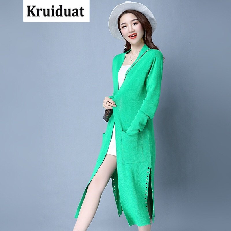 Kruidvat2017春新款针织衫女毛衣韩版中长款开叉外套女开衫Z010
