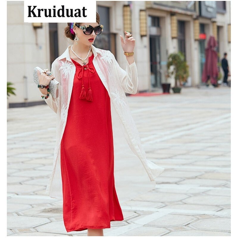 Kruidvat2017夏装新款雪纺色披风女装中长款刺绣防晒衣浅杏色