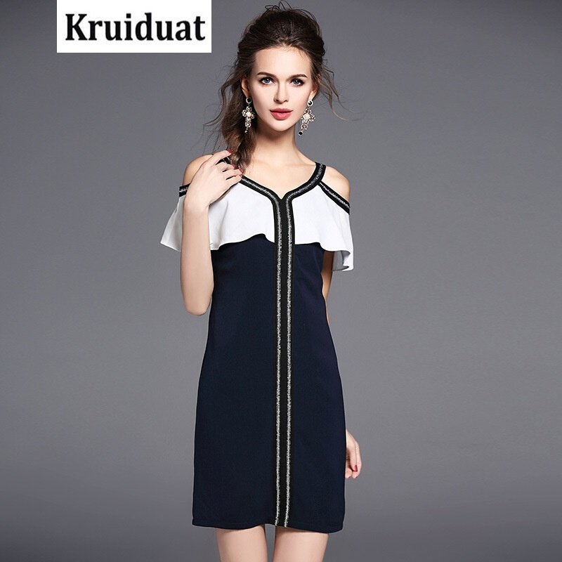 Kruidvat2017夏季欧美优雅女装V领露背露肩蝙蝠袖性感连衣裙深蓝色