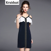 Kruidvat2017夏季欧美优雅女装V领露背露肩蝙蝠袖性感连衣裙深蓝色