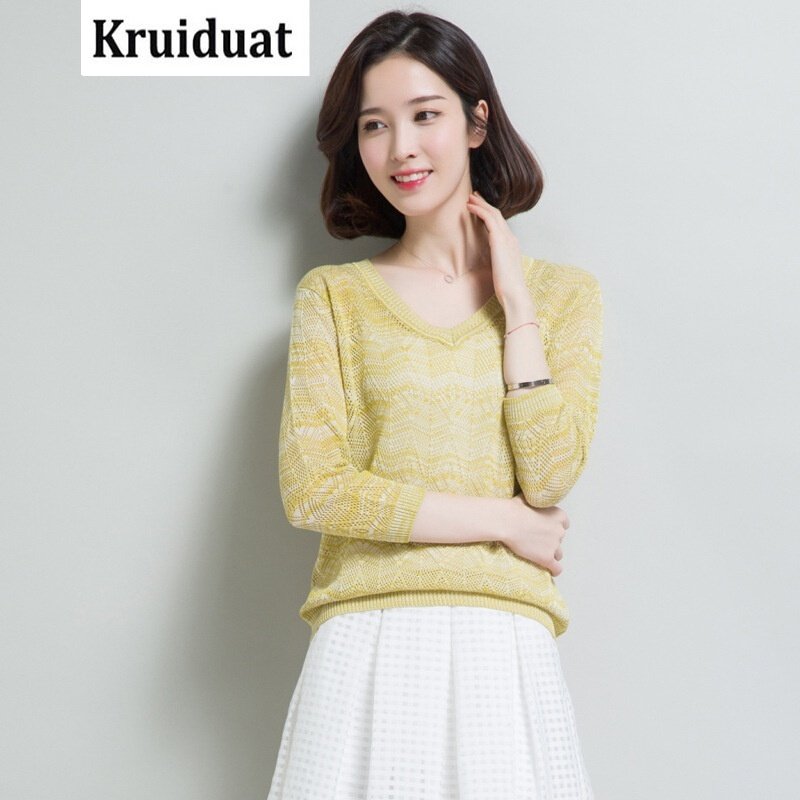 Kruidvat春韩版针织衫镂空透气宽松打底衫上衣薄大码女M6