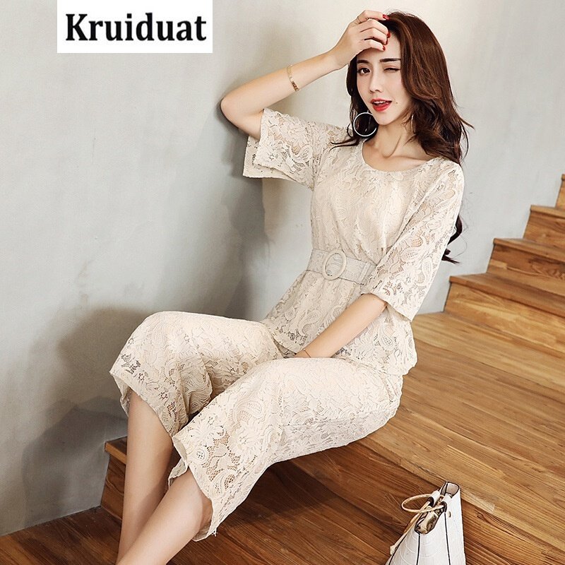 Kruidvat2017夏季韩版女装两件套蕾丝圆领上衣+阔腿裤休闲时尚套装LJYL